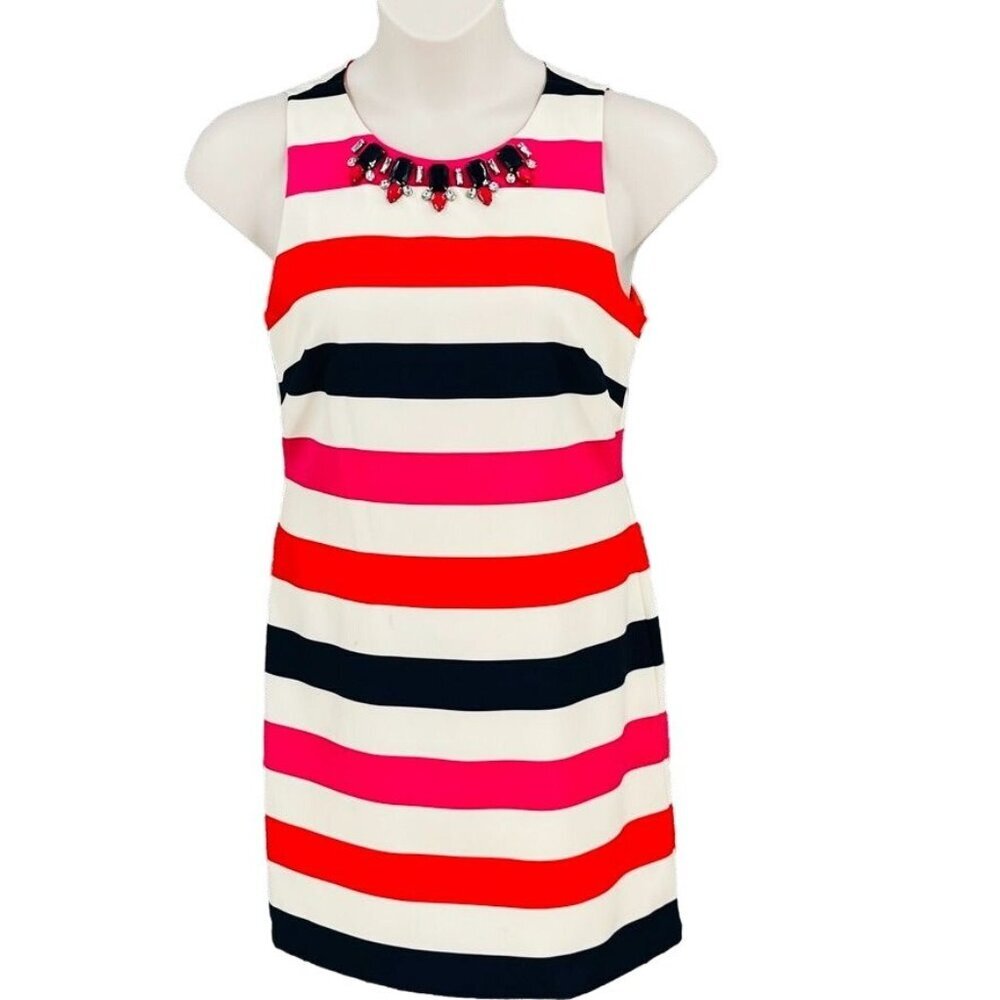 Vince Camuto Jewel Neck Sheath Dress Size 8 Multicolor Striped Sleeveless MIni